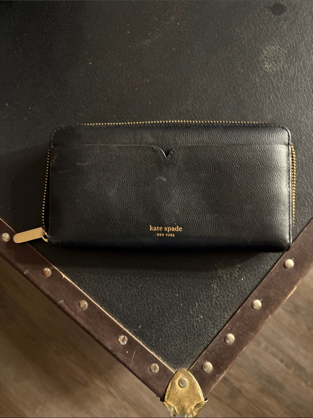 kate spade Black Zip-Around Leather Wallet with Gold Logo